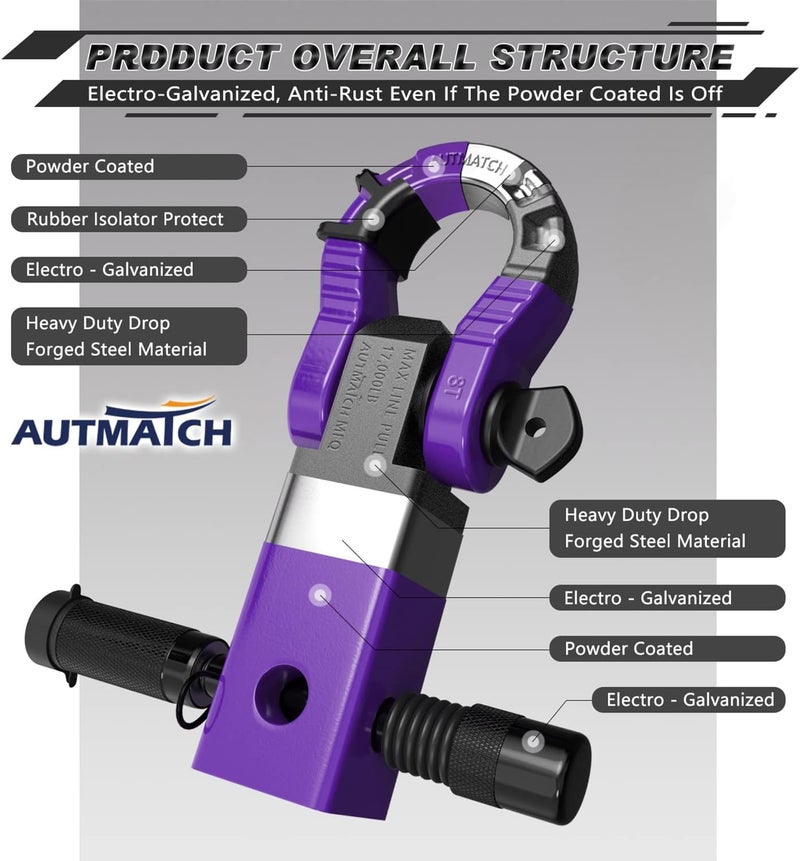 AUTMATCH Shackle Hitch Receiver 2" with 3/4" Mega D Ring Shackle and 5/8" Trailer Hitch Lock Pin, 68,000 Lbs Break Strength Heavy Duty Receiver Towing Kit for Off-Road Vehicle Recovery, Purple - Image 4