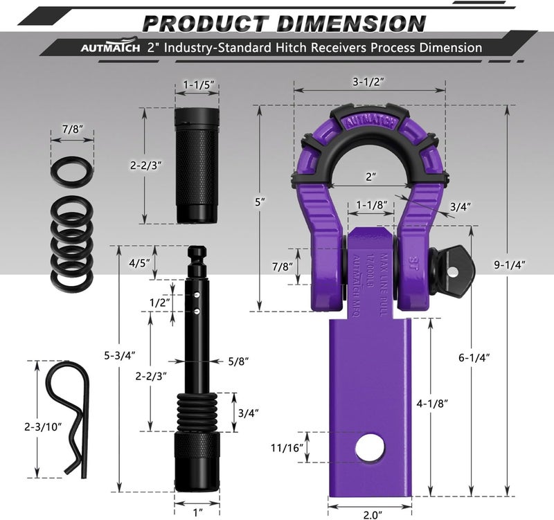 AUTMATCH Shackle Hitch Receiver 2" with 3/4" Mega D Ring Shackle and 5/8" Trailer Hitch Lock Pin, 68,000 Lbs Break Strength Heavy Duty Receiver Towing Kit for Off-Road Vehicle Recovery, Purple - Image 3