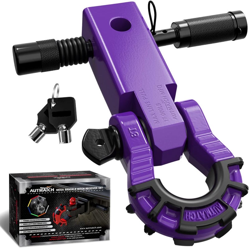 AUTMATCH Shackle Hitch Receiver 2" with 3/4" Mega D Ring Shackle and 5/8" Trailer Hitch Lock Pin, 68,000 Lbs Break Strength Heavy Duty Receiver Towing Kit for Off-Road Vehicle Recovery, Purple - Image 1