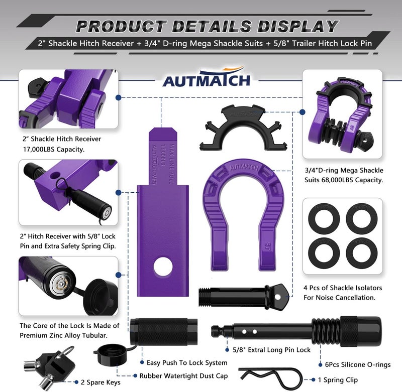 AUTMATCH Shackle Hitch Receiver 2" with 3/4" Mega D Ring Shackle and 5/8" Trailer Hitch Lock Pin, 68,000 Lbs Break Strength Heavy Duty Receiver Towing Kit for Off-Road Vehicle Recovery, Purple - Image 2