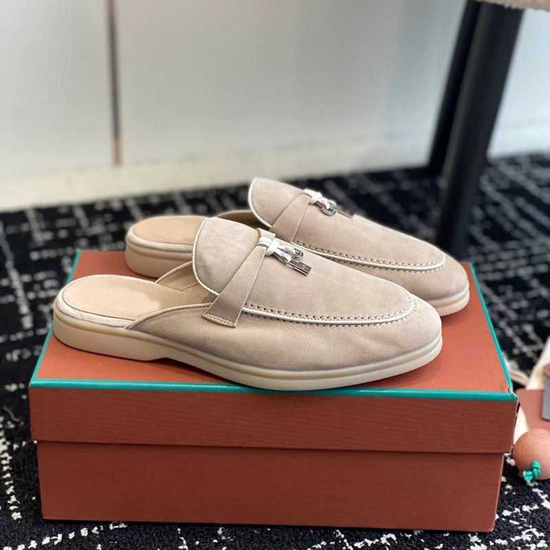 Loro * piana covered slippers outer wear plus size slip-on mules shoes Foreign trade Original order LP genuine leather half slippers womens shoesStyle 2 Style 2 