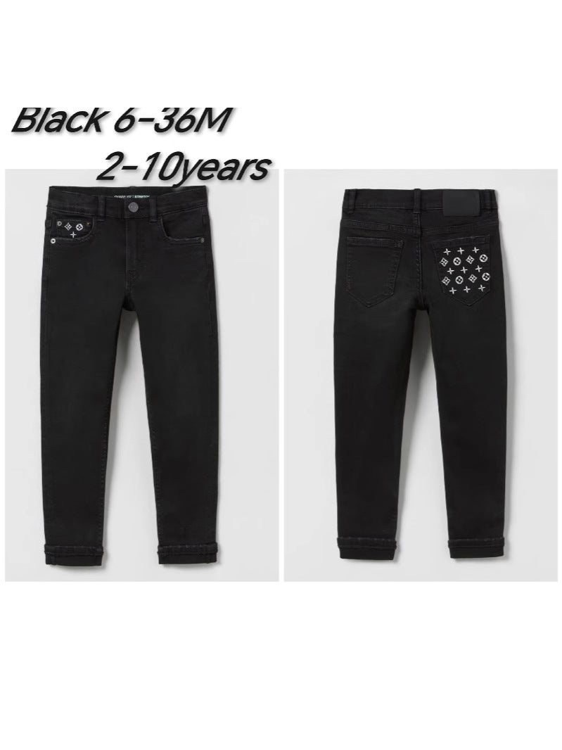 Spring And Winter New 2024 Boys Slim-Fit Black Jeans Loose Breathable Embroidered Skin-Friendly Trendy Brand All-Match Cotton Pants - Image 3