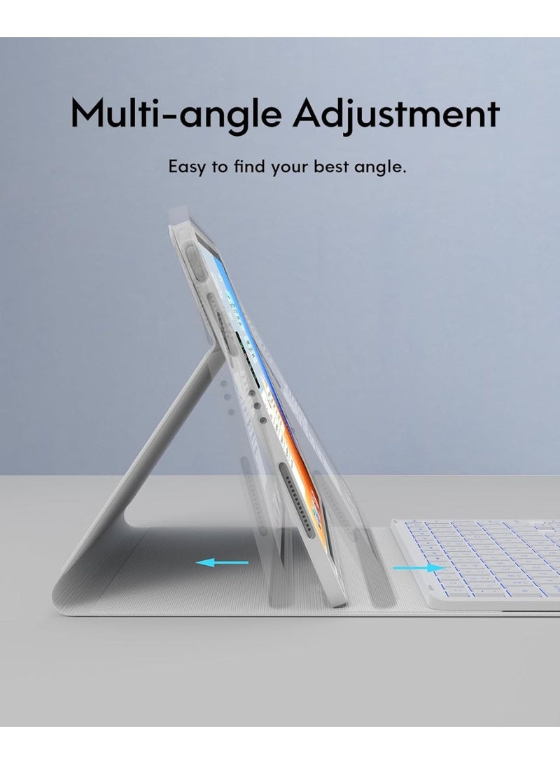 حافظة لوحة مفاتيح عربية/إنجليزية لأجهزة iPad Air 11 بوصة M3/M2 (2025/2024)، وiPad Pro 11 بوصة (الجيل الرابع/الثالث/الثاني/الأول)، وiPad Air الجيل الخامس/الرابع، مع قلم، وإضاءة خلفية بسبعة ألوان، ولوحة لمس متعددة اللمس، وقناتين لاسلكيتين، لون أبيض - Image 5
