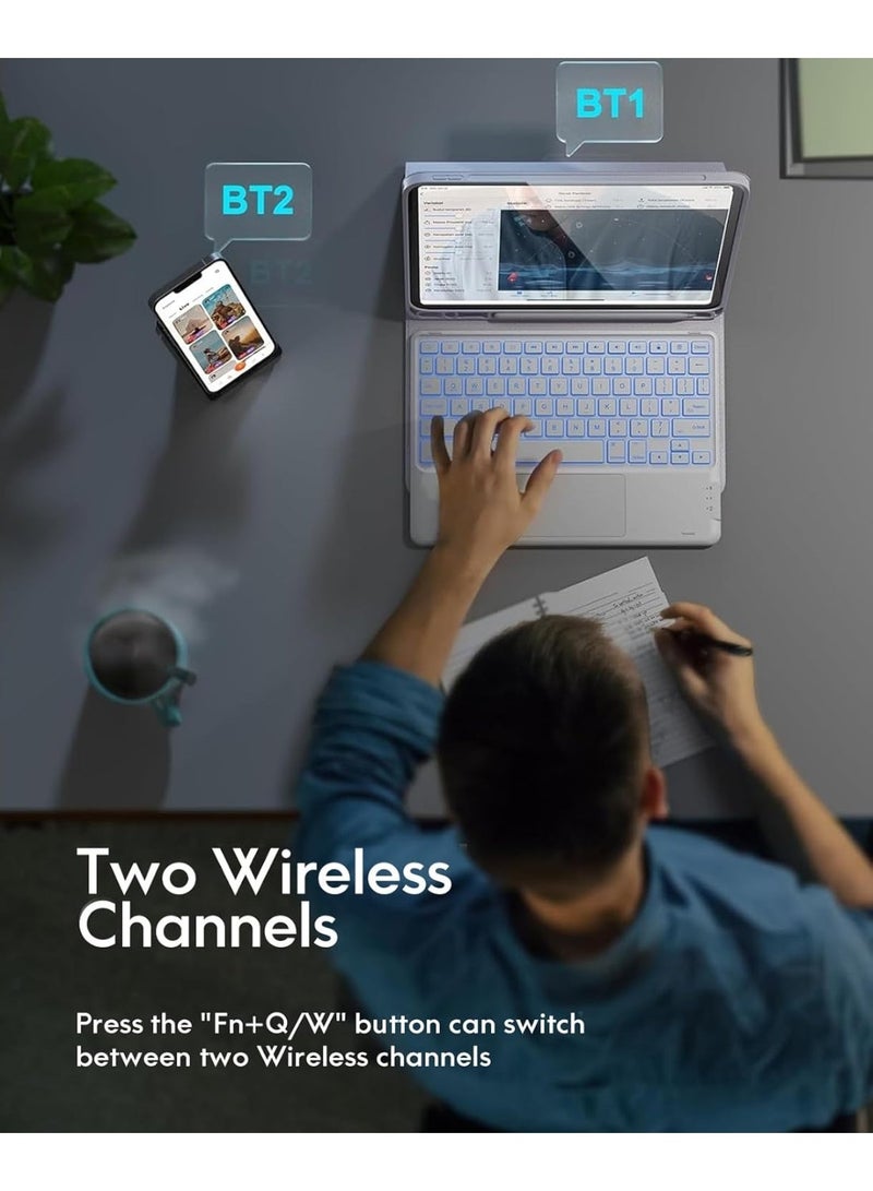 حافظة لوحة مفاتيح عربية/إنجليزية لأجهزة iPad Air 11 بوصة M3/M2 (2025/2024)، وiPad Pro 11 بوصة (الجيل الرابع/الثالث/الثاني/الأول)، وiPad Air الجيل الخامس/الرابع، مع قلم، وإضاءة خلفية بسبعة ألوان، ولوحة لمس متعددة اللمس، وقناتين لاسلكيتين، لون أبيض - Image 4
