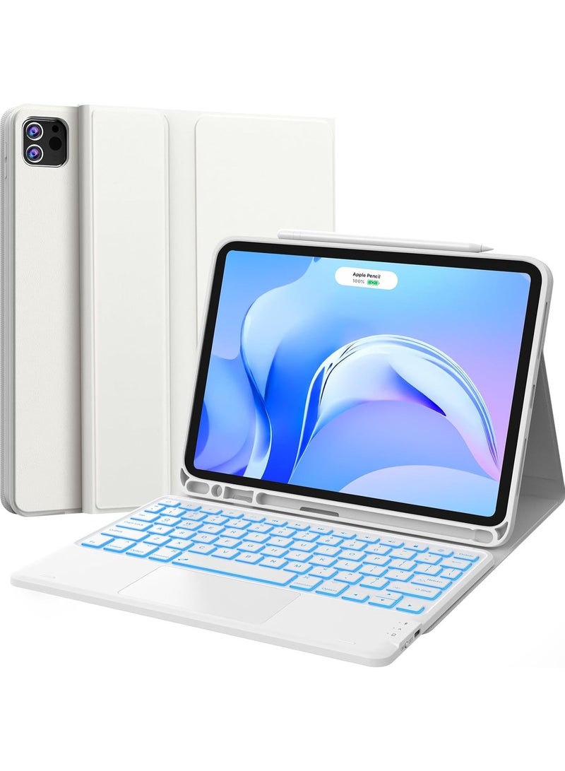 حافظة لوحة مفاتيح عربية/إنجليزية لأجهزة iPad Air 11 بوصة M3/M2 (2025/2024)، وiPad Pro 11 بوصة (الجيل الرابع/الثالث/الثاني/الأول)، وiPad Air الجيل الخامس/الرابع، مع قلم، وإضاءة خلفية بسبعة ألوان، ولوحة لمس متعددة اللمس، وقناتين لاسلكيتين، لون أبيض - Image 1