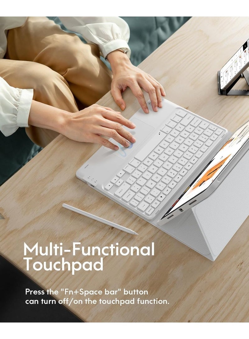 حافظة لوحة مفاتيح عربية/إنجليزية لأجهزة iPad Air 11 بوصة M3/M2 (2025/2024)، وiPad Pro 11 بوصة (الجيل الرابع/الثالث/الثاني/الأول)، وiPad Air الجيل الخامس/الرابع، مع قلم، وإضاءة خلفية بسبعة ألوان، ولوحة لمس متعددة اللمس، وقناتين لاسلكيتين، لون أبيض - Image 2
