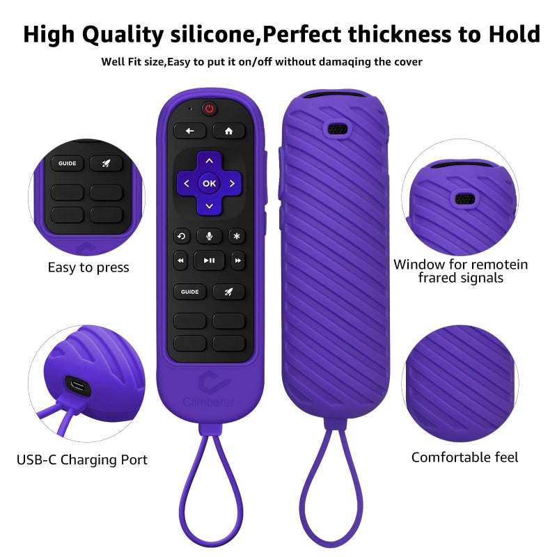 Climberer [2-Pack] Climberer Remote Case Cover Compatible with Roku Ultra 2024 / Voice Remote Pro (2nd Edition) & Rechargeable Pro (2nd Ed) #RCB1R (Black + Purple) - Image 3