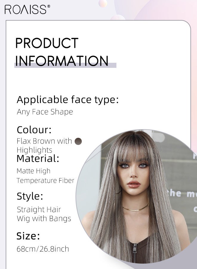رويس باروكة شعر بني كتان طويل مستقيم للنساء مع غرة مع خصلات مميزة، باروكة صناعية مقاومة للحرارة، مناسبة لحفلات الزفاف والتنكر والارتداء اليومي، مظهر طبيعي، 68 سم (26.8 بوصة) - Image 3