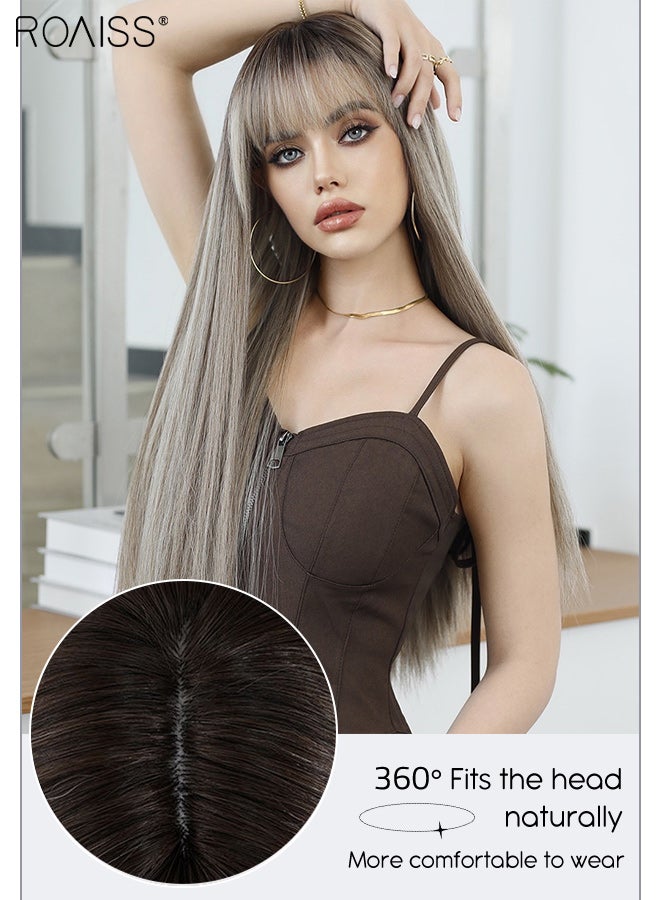 رويس باروكة شعر بني كتان طويل مستقيم للنساء مع غرة مع خصلات مميزة، باروكة صناعية مقاومة للحرارة، مناسبة لحفلات الزفاف والتنكر والارتداء اليومي، مظهر طبيعي، 68 سم (26.8 بوصة) - Image 4
