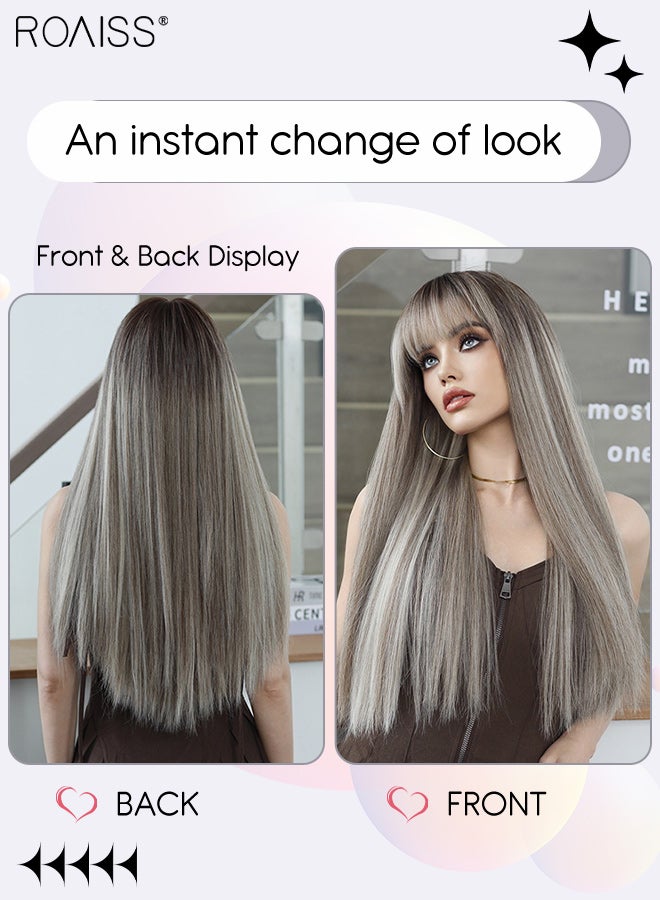 رويس باروكة شعر بني كتان طويل مستقيم للنساء مع غرة مع خصلات مميزة، باروكة صناعية مقاومة للحرارة، مناسبة لحفلات الزفاف والتنكر والارتداء اليومي، مظهر طبيعي، 68 سم (26.8 بوصة) - Image 2