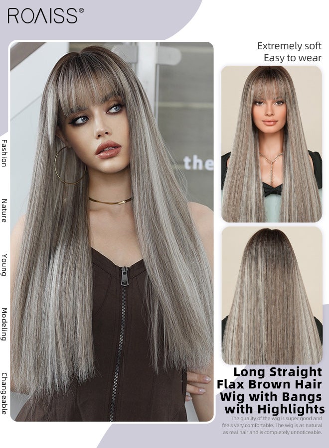 رويس باروكة شعر بني كتان طويل مستقيم للنساء مع غرة مع خصلات مميزة، باروكة صناعية مقاومة للحرارة، مناسبة لحفلات الزفاف والتنكر والارتداء اليومي، مظهر طبيعي، 68 سم (26.8 بوصة) - Image 1