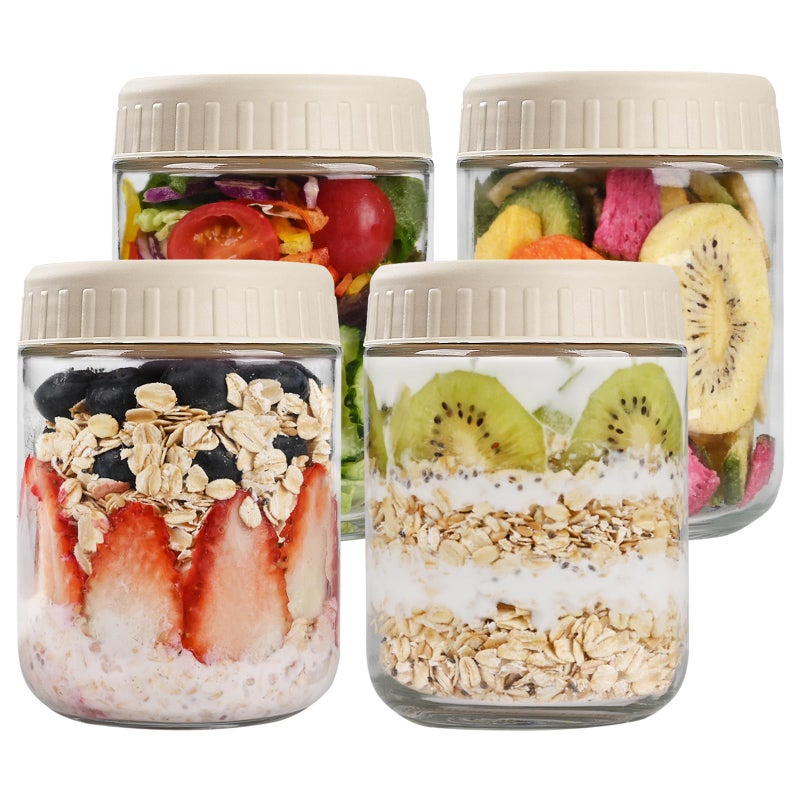 SHOWIN Overnight Oats Containers with Lids, 16oz Glass Jars with Lids 4 pcs, Apricot, Wide Mouth Mason jars for Salad, Yogurt, Snacks, Meal Prep - Image 1