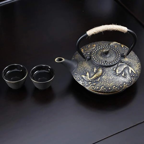 CBEX Elegant Japanese Tea Set with Golden Koi Fish Designwith Infuser Cast Iron Tea Pot Stovetop Safe Coated with Enameled Interior for 26 Ounce 750 ml - Image 4