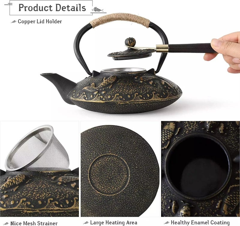 CBEX Elegant Japanese Tea Set with Golden Koi Fish Designwith Infuser Cast Iron Tea Pot Stovetop Safe Coated with Enameled Interior for 26 Ounce 750 ml - Image 5