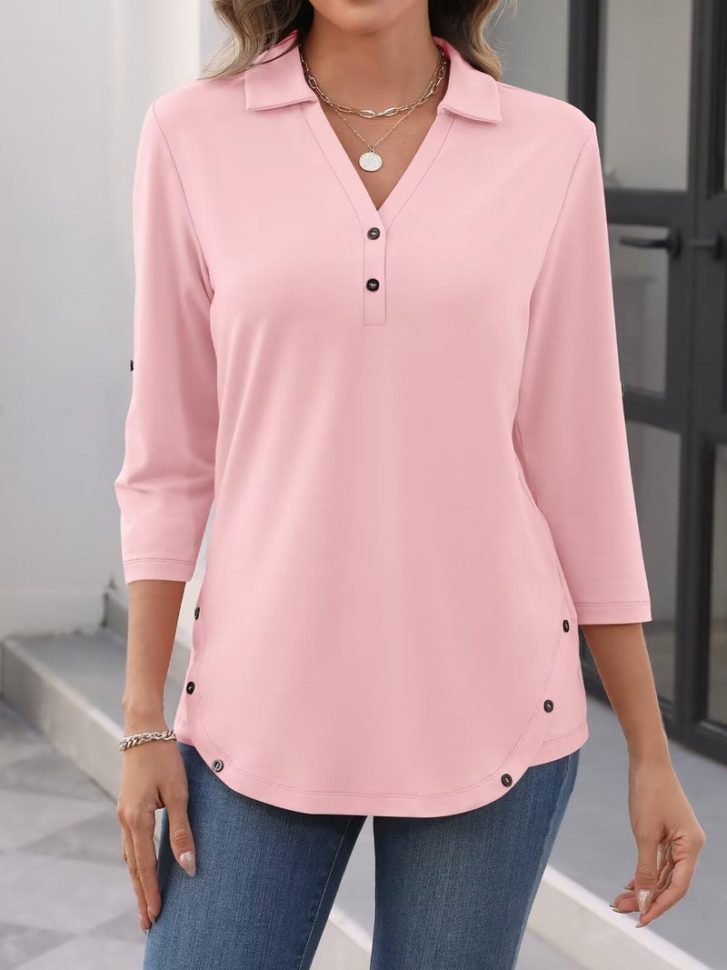 TICTICMISS Women's 3/4 Length Rolled Sleeve Tunic Tops Collared V Neck T Shirts Both Side Buttons Blouses Peach Pink - Image 5