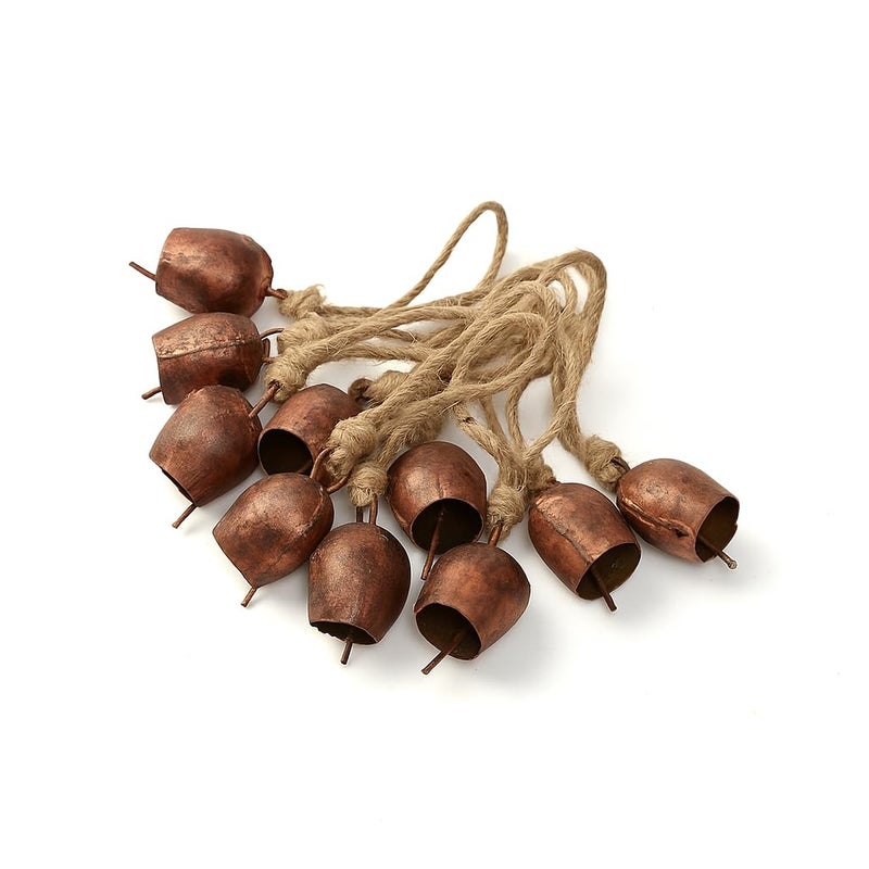 DULI Pack of 10 Rustic Mini Bell – Vintage Brass Hanging Bells for Decor & Craft (Wholesale), Wall Art, Diwali Decor, Home Decor Hanging Bells (Packof10: SmallBellswithRopeCopper) - Image 2