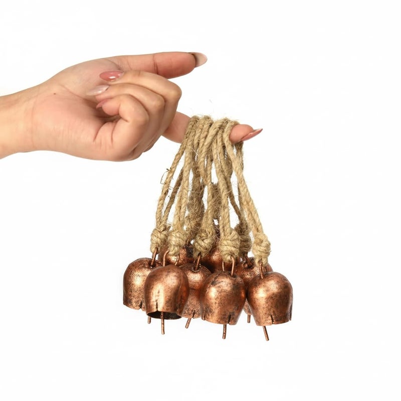 DULI Pack of 10 Rustic Mini Bell – Vintage Brass Hanging Bells for Decor & Craft (Wholesale), Wall Art, Diwali Decor, Home Decor Hanging Bells (Packof10: SmallBellswithRopeCopper) - Image 1