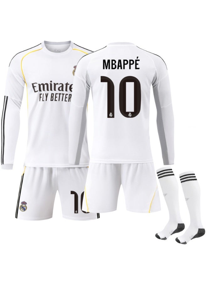 ريال مدريد 2025-2026 ريال مدريد المنزل لكرة القدم موحدة #10 مبابي طويلة الأكمام كرة القدم جيرسي السراويل الجوارب مجموعة حجم الأطفال والكبار حجم الهدايا للجماهير والأصدقاء - Image 1