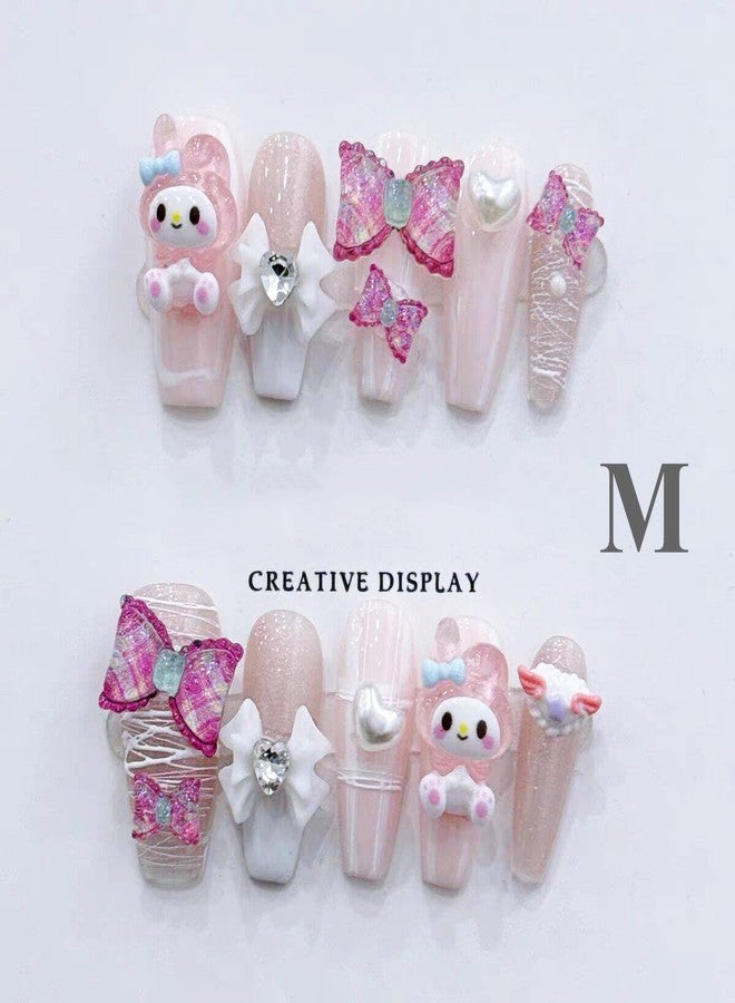 LIFOOST Handmade Fake Nails Pink and White Long Press-on Nails Rabbit Bow Rhinestones Heart Pearls Design False Tips 10Pcs, Size Medium - Image 2