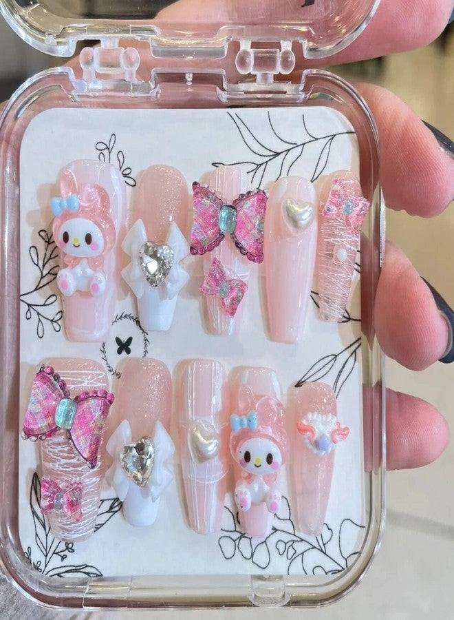 LIFOOST Handmade Fake Nails Pink and White Long Press-on Nails Rabbit Bow Rhinestones Heart Pearls Design False Tips 10Pcs, Size Medium - Image 4