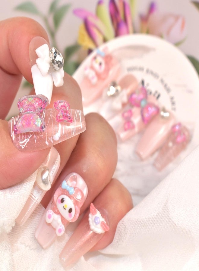 LIFOOST Handmade Fake Nails Pink and White Long Press-on Nails Rabbit Bow Rhinestones Heart Pearls Design False Tips 10Pcs, Size Medium - Image 5