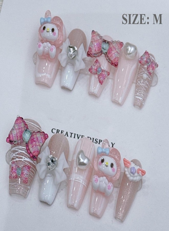 LIFOOST Handmade Fake Nails Pink and White Long Press-on Nails Rabbit Bow Rhinestones Heart Pearls Design False Tips 10Pcs, Size Medium - Image 3