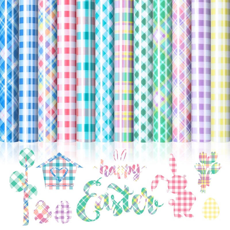 Whaline 12 Sheet Spring Colorful Heat Transfer Vinyl Buffalo Plaid Iron on Vinyl Checkered Pattern HTV Adhesive Craft Vinyl for Spring Summer Easter Clothing Costume DIY Fabric Craft 96 x 118 Inch