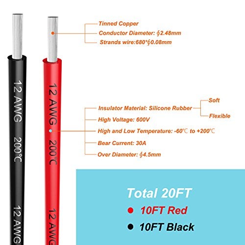 Haerkn Electrical Wire 12 AWG 12 Gauge Silicone Wire Hook Up Wire Cables 20 Feet [10 ft Black and 10 ft Red] Soft and Flexible 680 Strands 0.08 mm of Tinned Copper Wire High Temperature Resistance - Image 3