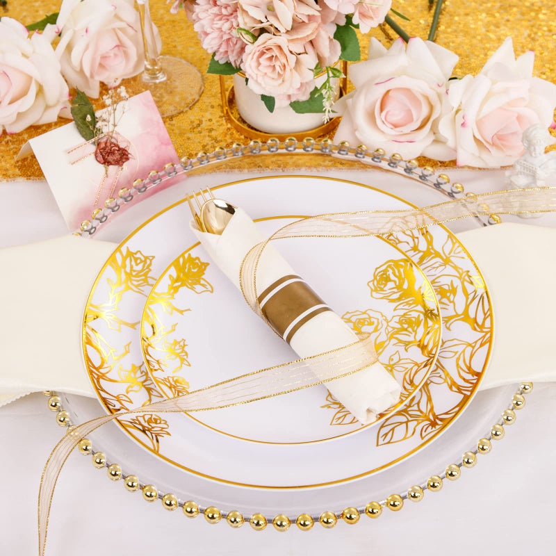 DaYammi 210PCS Pink Gold Plastic Plates Gold Disposable Dinnerware Set Includes 60 Gold Pink Plates 30 Gold Plastic Silverware 30 Per Rolled Napkins 30 Gold Rim Plastic Cups for Valentines Day Party - Image 5