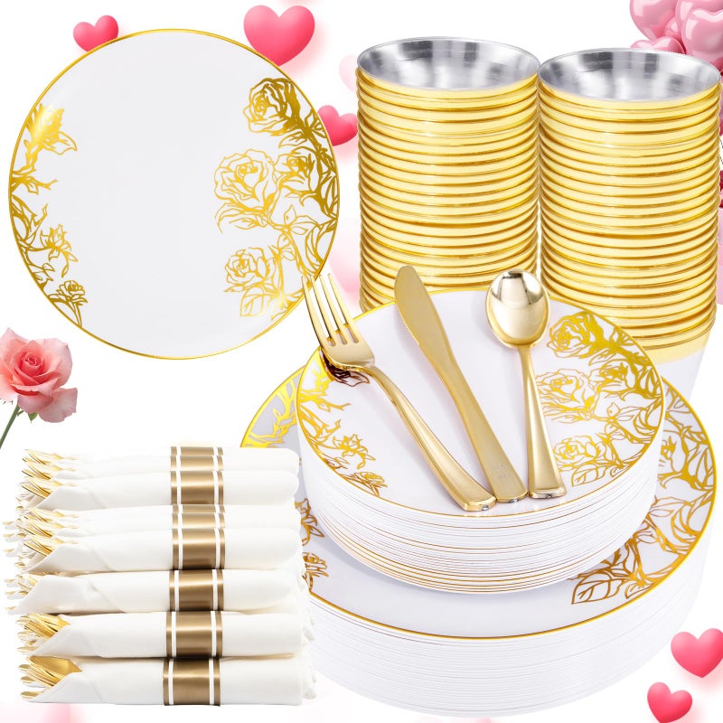 DaYammi 210PCS Pink Gold Plastic Plates Gold Disposable Dinnerware Set Includes 60 Gold Pink Plates 30 Gold Plastic Silverware 30 Per Rolled Napkins 30 Gold Rim Plastic Cups for Valentines Day Party - Image 1