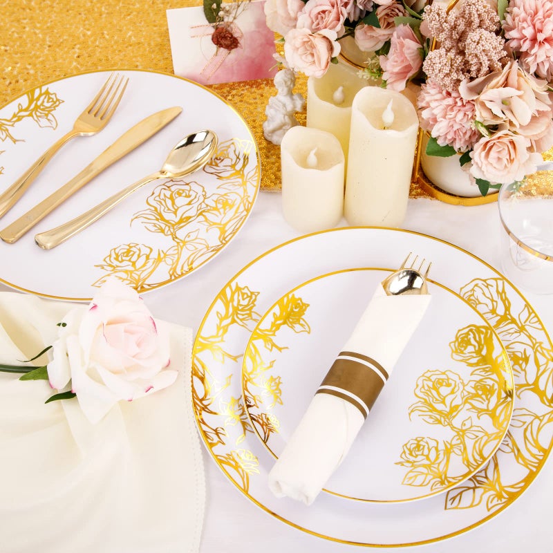 DaYammi 210PCS Pink Gold Plastic Plates Gold Disposable Dinnerware Set Includes 60 Gold Pink Plates 30 Gold Plastic Silverware 30 Per Rolled Napkins 30 Gold Rim Plastic Cups for Valentines Day Party - Image 2