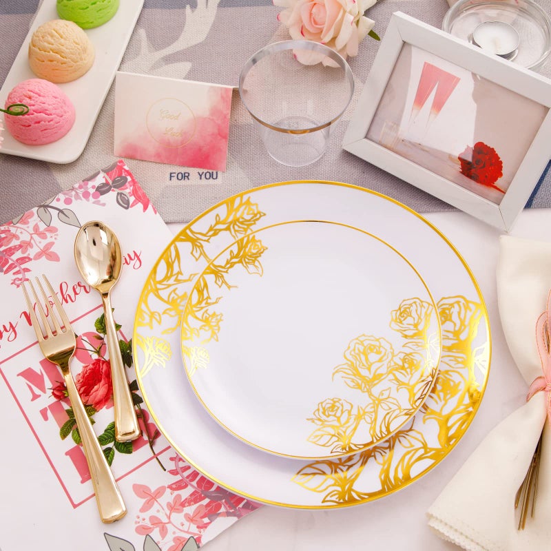 DaYammi 210PCS Pink Gold Plastic Plates Gold Disposable Dinnerware Set Includes 60 Gold Pink Plates 30 Gold Plastic Silverware 30 Per Rolled Napkins 30 Gold Rim Plastic Cups for Valentines Day Party - Image 4