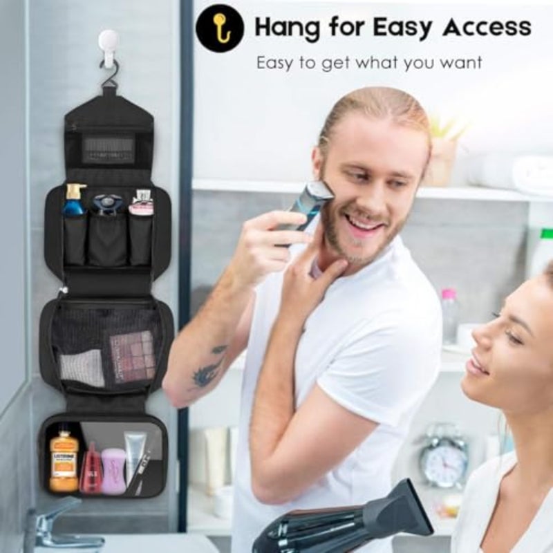 Toiletry Bag for Travel Waterproof Black Nylon Hanging Compact Hygiene Bag with 4 Compartments Large 3-in-1 Multifunctional Cosmetic and Shower Case - Image 4