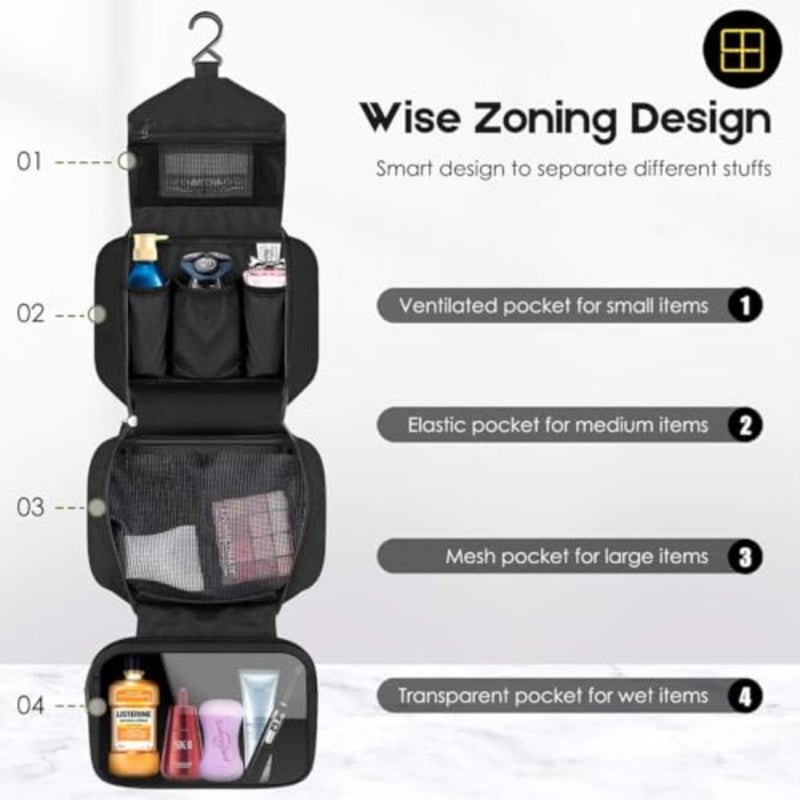 Toiletry Bag for Travel Waterproof Black Nylon Hanging Compact Hygiene Bag with 4 Compartments Large 3-in-1 Multifunctional Cosmetic and Shower Case - Image 3