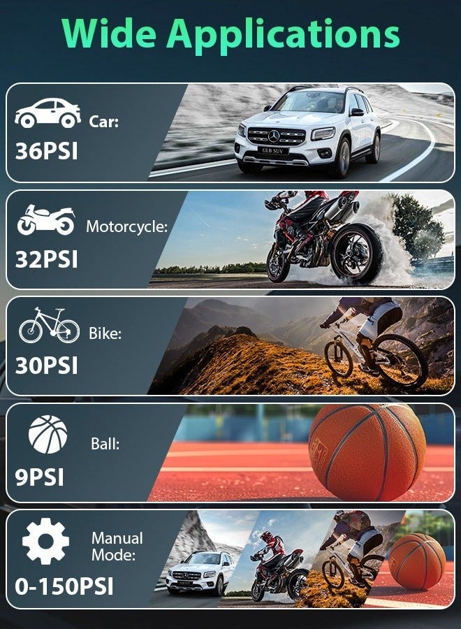 Tire Inflator Portable Air Compressor Cordless Bike Pump with Digital Dual Values Display, 150 PSI Car Tires Pump with LED Lights Air Pump for Cars, Motorcycles, Bikes, Balls - Image 4