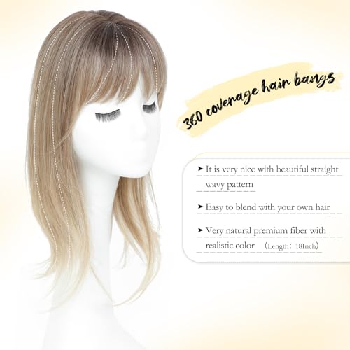 Ms Taj 18 Inch Hair Topper with Clip in Bangs Synthetic Fluffy 4x5 Layered Straight Toppers for Women 360 3D Cover Bangs Hairpiece for Thinning HairNatural Blonde with Dark Root - Image 3