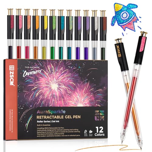 ZSCM Retractable Super Glitter Gel Pens, 12 Colors Large Capacity Metallic Sparkle Gel Ink Pens, 1 mm Fine Point Smooth Writing Color Pen for Adult Coloring Book Note Taking Aesthetic Art Supplies - Image 1