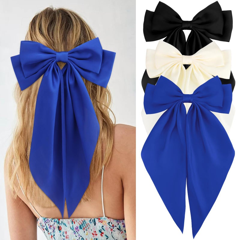 Velscrun Hair Accessories 3Pcs Silky Satin Oversized Hair Bows and Barrettes in White Black and Dark Blue Large Ribbons with Long Tails for Women and Girls