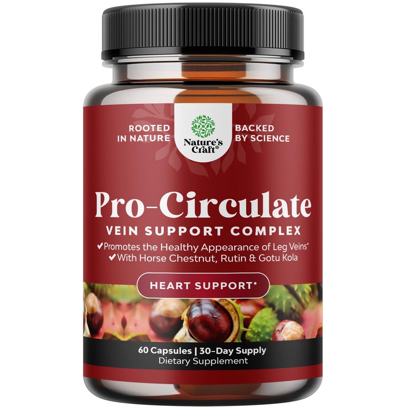 Natures Craft Vein Support Supplements Leg and Veins Full Body Circulation Supplement for Spider Varicose Veins and Improved Flow with Horse Chestnut Extract Flavonoids Vegan NonGMO Mini Caps 1 Month