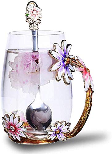 Luka Tech Enamel flower Leadfree Glass Coffee Mugs Tea Cup with Steel Spoon Best Birthday Gifts For Women Wife Mom Friends Mothers Valentines Day Christmas