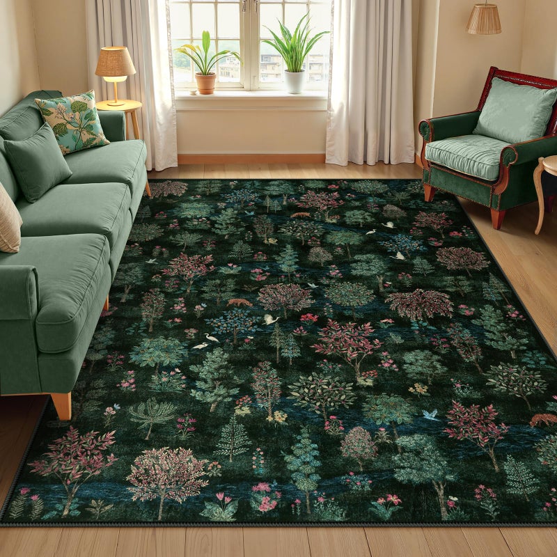 Wonnitar Forest Dark Green Rug for Living Room, Washable 5x7 Area Rugs Ultra-Thin, Boho Soft Non Slip Stain Resistant Woodland Jungle Carpet for Bedroom, Dining Room, Office - Image 1