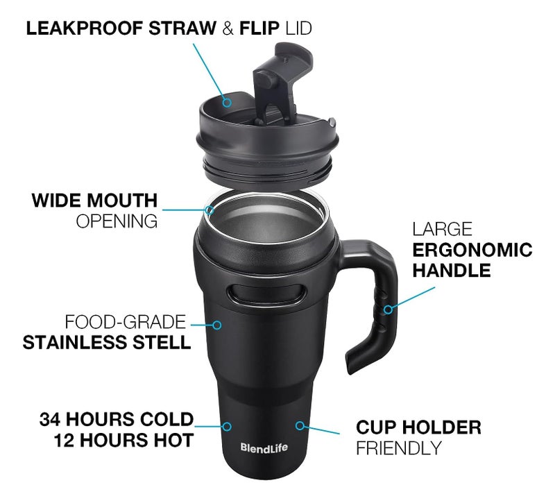 BlendLife Insulated Premium Vacuum Tumbler|1.2L Stainless Steel Travel Mug with Handle,Lid & Straw|Double-Wall Thermal Design for Hot & Cold Drinks|Best for Coffee,Iced Tea,or Water|Black,1.2 Litre - Image 4