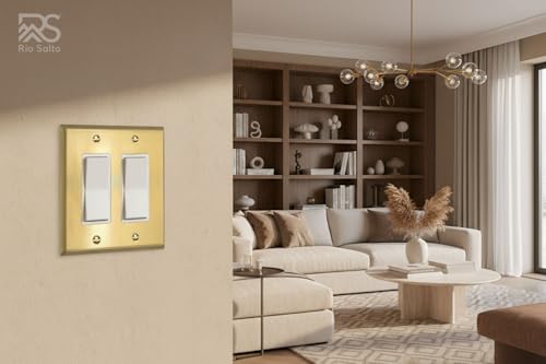 Rio Salto BRASS Signature Collection Brushed Brass Gold Metal Outlet Cover Decorative Light Switch Cover Plate Wall Plate Premium Double Rocker Decorator 2Gang 456 x 450 Standard Size 2Pack - Image 3