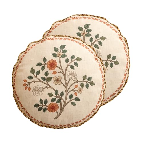 ISAENNE Design Linen Classic Throw Pillow Covers Diameter 16 Pack of 2 French Farmhouse Round Cushion Covers with Orange White Floral Pattern Decor Pillowcases for BedLiving RoomOutdoorCar - Image 1