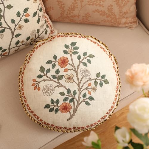 ISAENNE Design Linen Classic Throw Pillow Covers Diameter 16 Pack of 2 French Farmhouse Round Cushion Covers with Orange White Floral Pattern Decor Pillowcases for BedLiving RoomOutdoorCar - Image 3