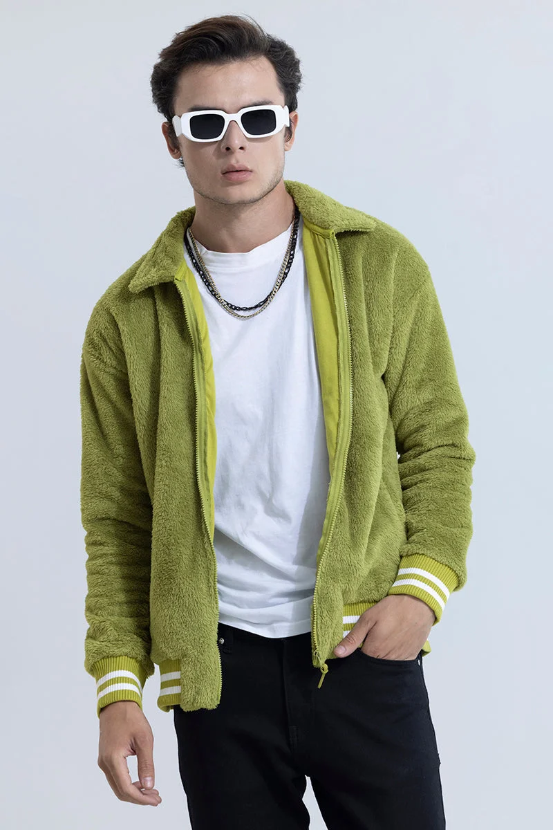 سنيتش Lime Green Solid Long Sleeve Relaxed Streetwear Jacket