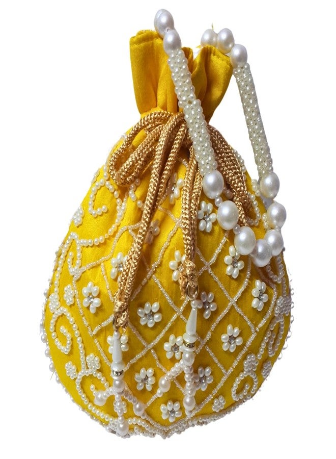 SUMERA WARQ Potli bag Matka Designer handbags for Women wedding party and Return gift potli bags for party accessories .Golden Embroidered Design (Multi Colour) (Yellow) - Image 1