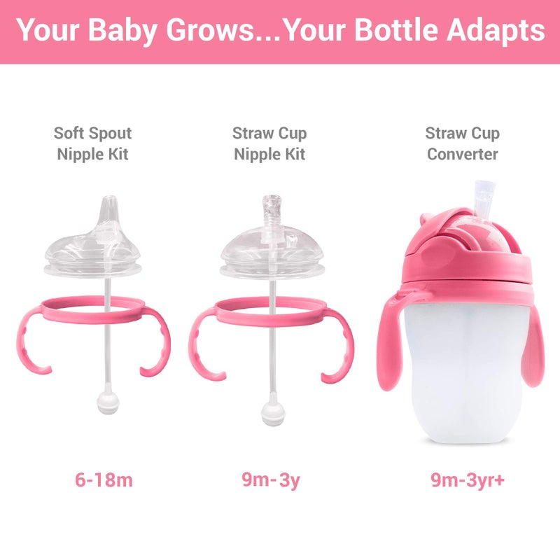 AnPei Straw Transition Cup Kit for Comotomo Baby Bottles | Conversion Kit Fits 5 Ounce and 8 Ounce Bottles | Soft, Silicone Straw Top Bottle Nipple & Weighted Straw to Help Baby | 2 Pack (Pink) + Brushes - Image 2