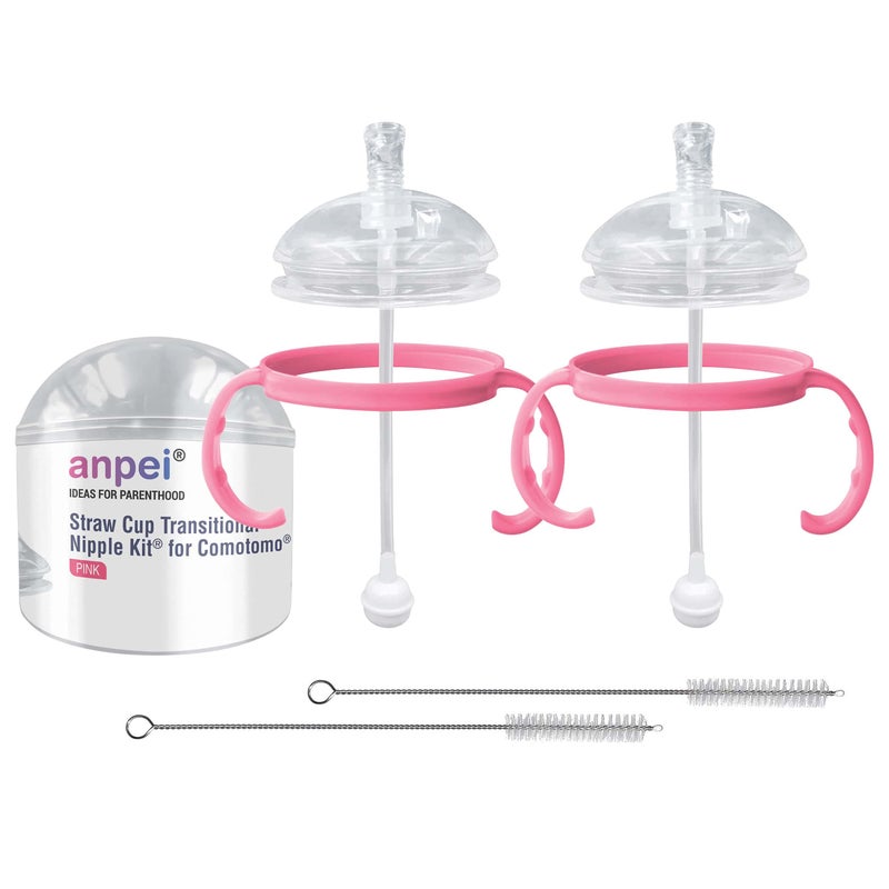 AnPei Straw Transition Cup Kit for Comotomo Baby Bottles | Conversion Kit Fits 5 Ounce and 8 Ounce Bottles | Soft, Silicone Straw Top Bottle Nipple & Weighted Straw to Help Baby | 2 Pack (Pink) + Brushes - Image 1