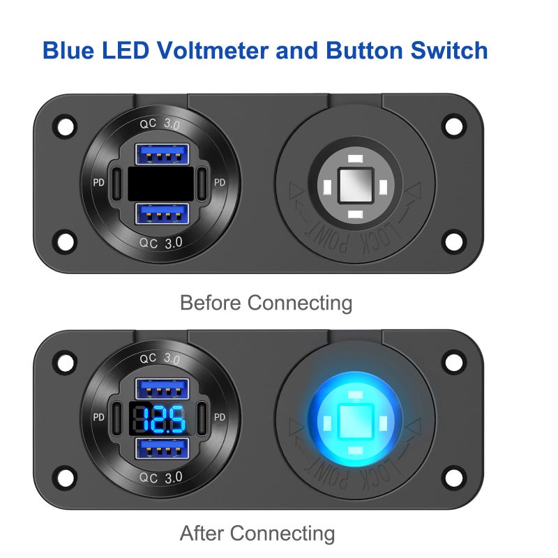 Hapytrip 2025 Upgraded 4 Port 12 Volt USB Outlet Cigarette Lighter Socket Panel, Dual PD3.0 and Dual QC3.0 USB Ports Aluminum Car Charger with Voltmeter, Lighted 150W Socket, 2 in 1 DIY Kit for Boat RV, etc. - Image 4